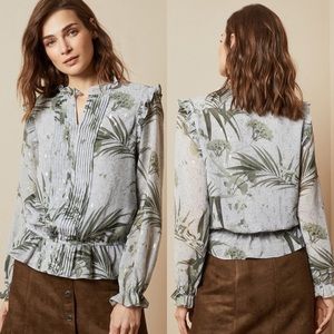 TED BAKER TIBBINE GINKO LEAF HIGHLAND WOVEN PLEAT RUFFLE DETAIL LONG SLEEVE TOP